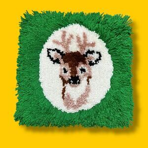 Vintage Handmade Deer Stag Latch Hook Rug Wall Hanging Cottagecore Woodland